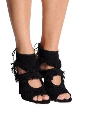 Aquazzura Sexy Tiered Fringe Black Suede Cutout Sandals Size 36 (US Size 6)
